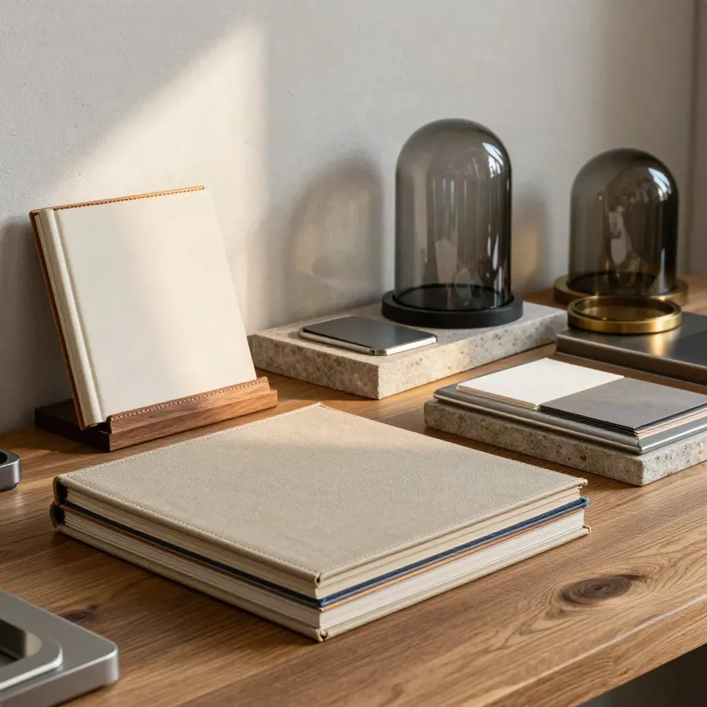 Diagonale Produktmuster und Präsentationssockel in dramatisch beleuchtetem Showroom.