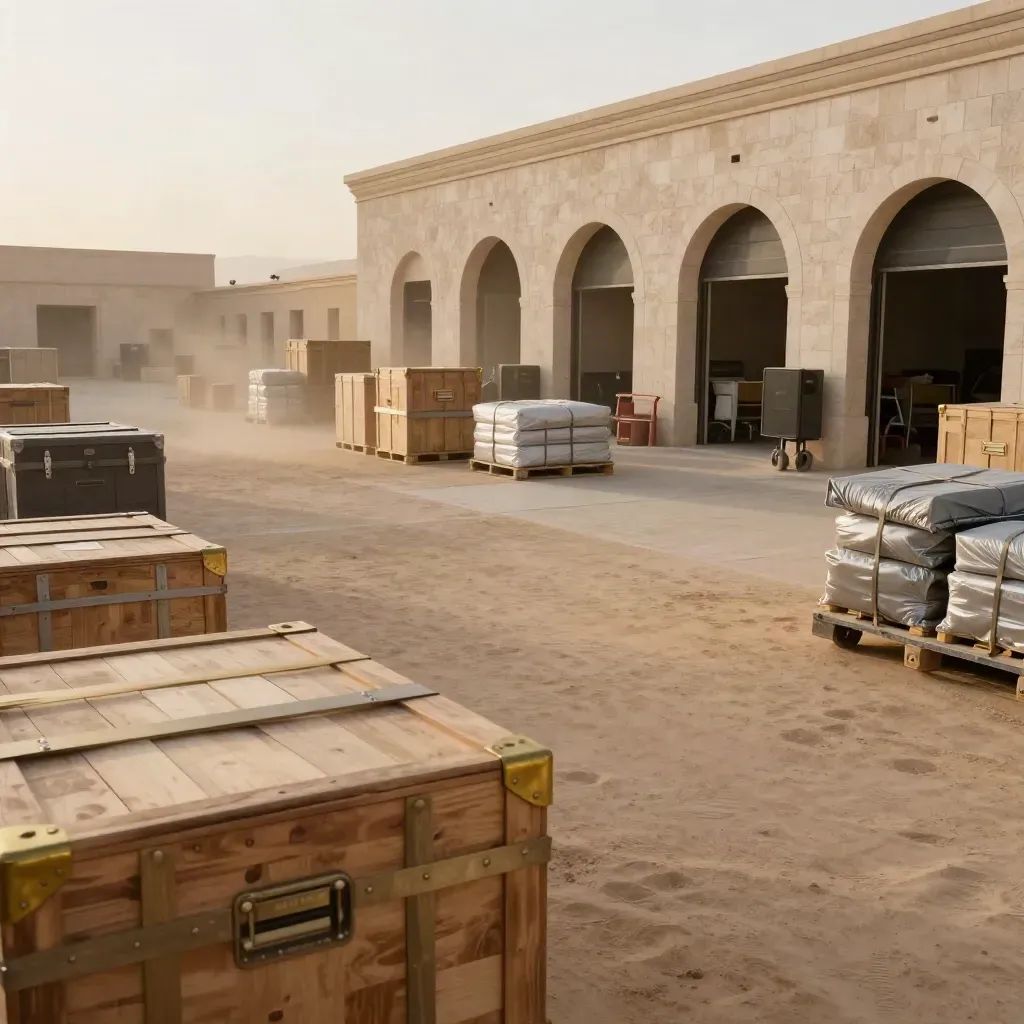 Deserttonter Logistikhof mit Kisten und Steinfassade in der Abenddämmerung