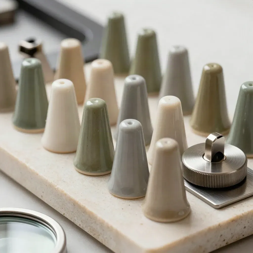 Keramik-Pins, Kabelclips und Stahltimer auf Kalkstein, aus fast senkrechter Draufsicht.