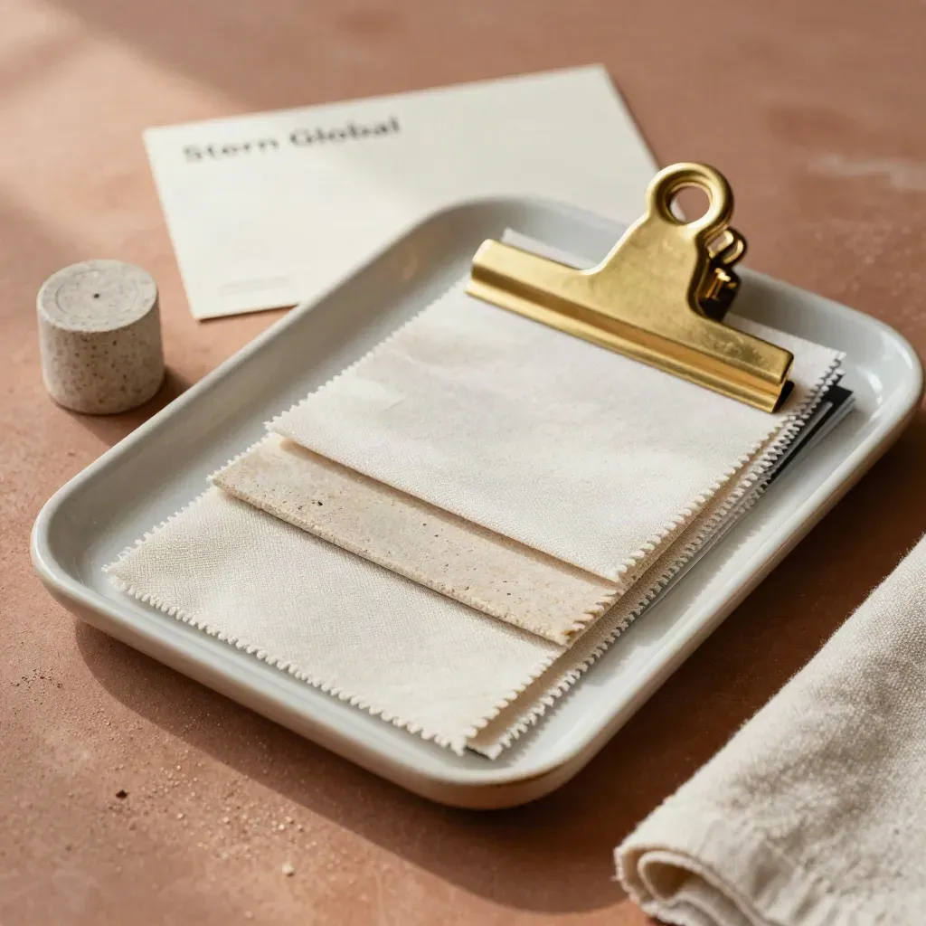 Draufsicht auf ein Proben-Tablett mit Materialmustern, Messingklammer und Steinzylinder.